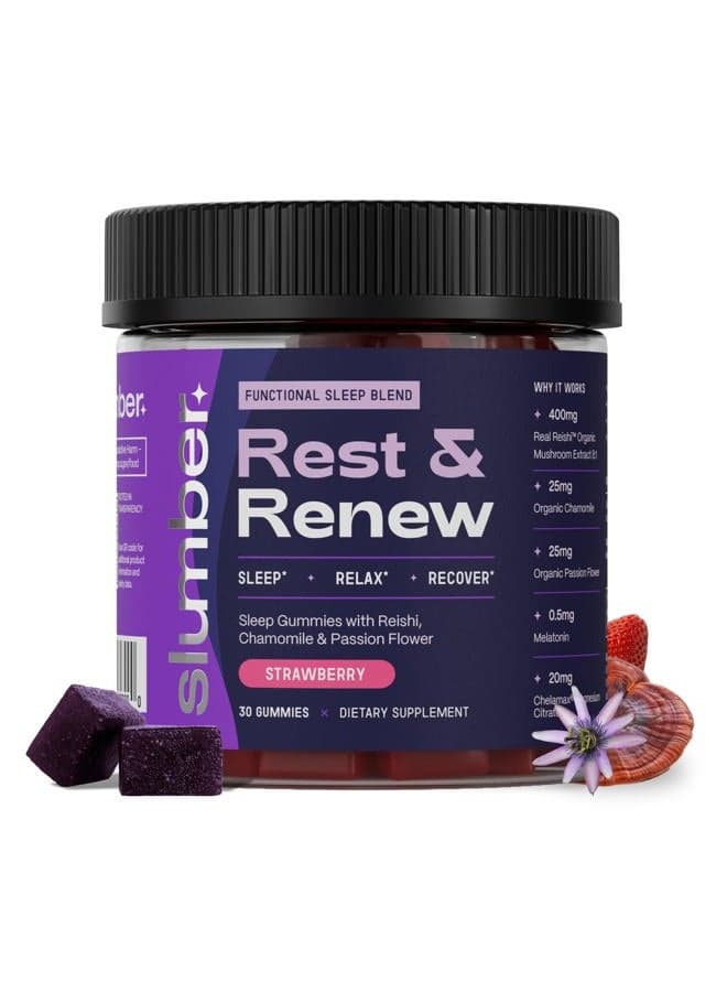 Rest & Renew Sleep Gummies, Vegan Sleep Aid With Organic Passion Flower, Chamomile, & Pure Reishi Mushroom to Support Relaxation Before Bed, Plant Based, Low Sugar, Strawberry Flavor, 30 Count