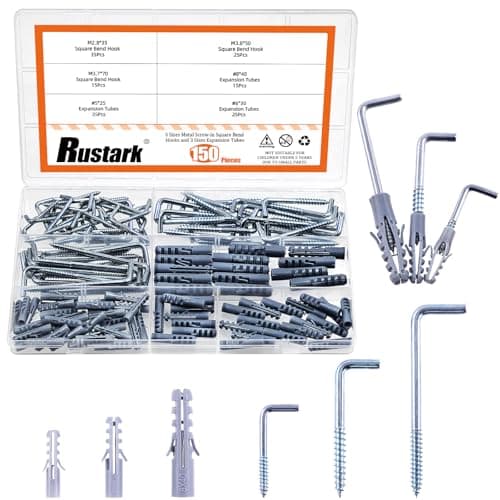 Rustark 150Pcs 3 Sizes Zinc Square Bend Hook Kit with Expansion Tubes L Shaped Screw in Hooks Spiral in Square Bend Hook for Hanging Workplace Home Office