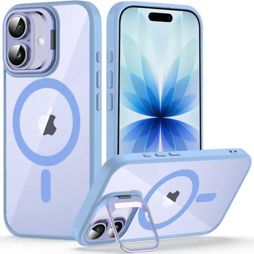 VONZEE Clear Camera Kickstand Case for iPhone 17, Built-in Adjustable Camera Stand, Clear Magnetic Mag-Safe Shockproof Classic Series Phone Cover (Official Blue)