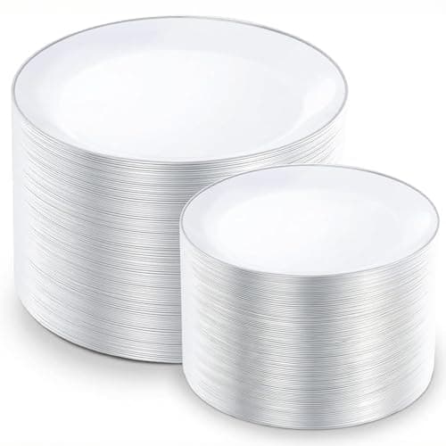 KIRE 200PCS Silver Plastic Plates - White Plastic Plates with Silver Rim Include 100 Dinner Plate and 100 for Dessert/Salad Plate for Birthday/Wedding/Party/Father's Day