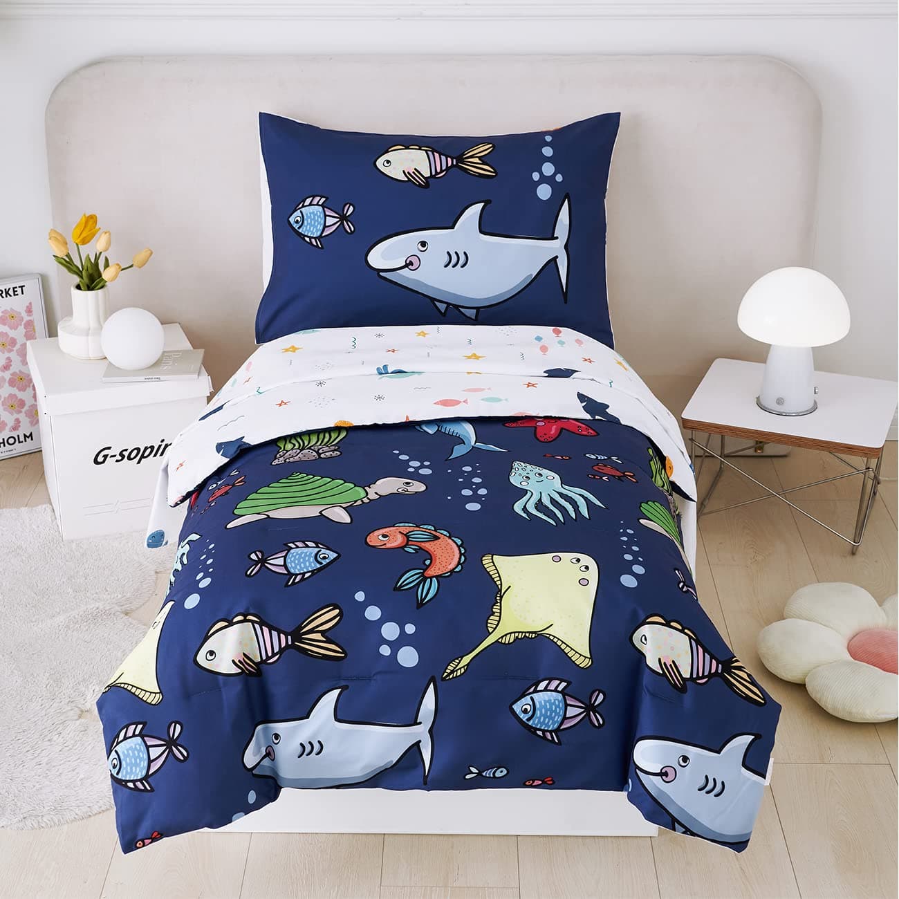 PERFEMET 4 Pieces Toddler Bedding Ocean Animal Printed Toddler Comforter Set Reversible Lightweight Cartoon Bed in A Bag for Toddler Boys GirlsNavy Blue SharksDolphinsFish
