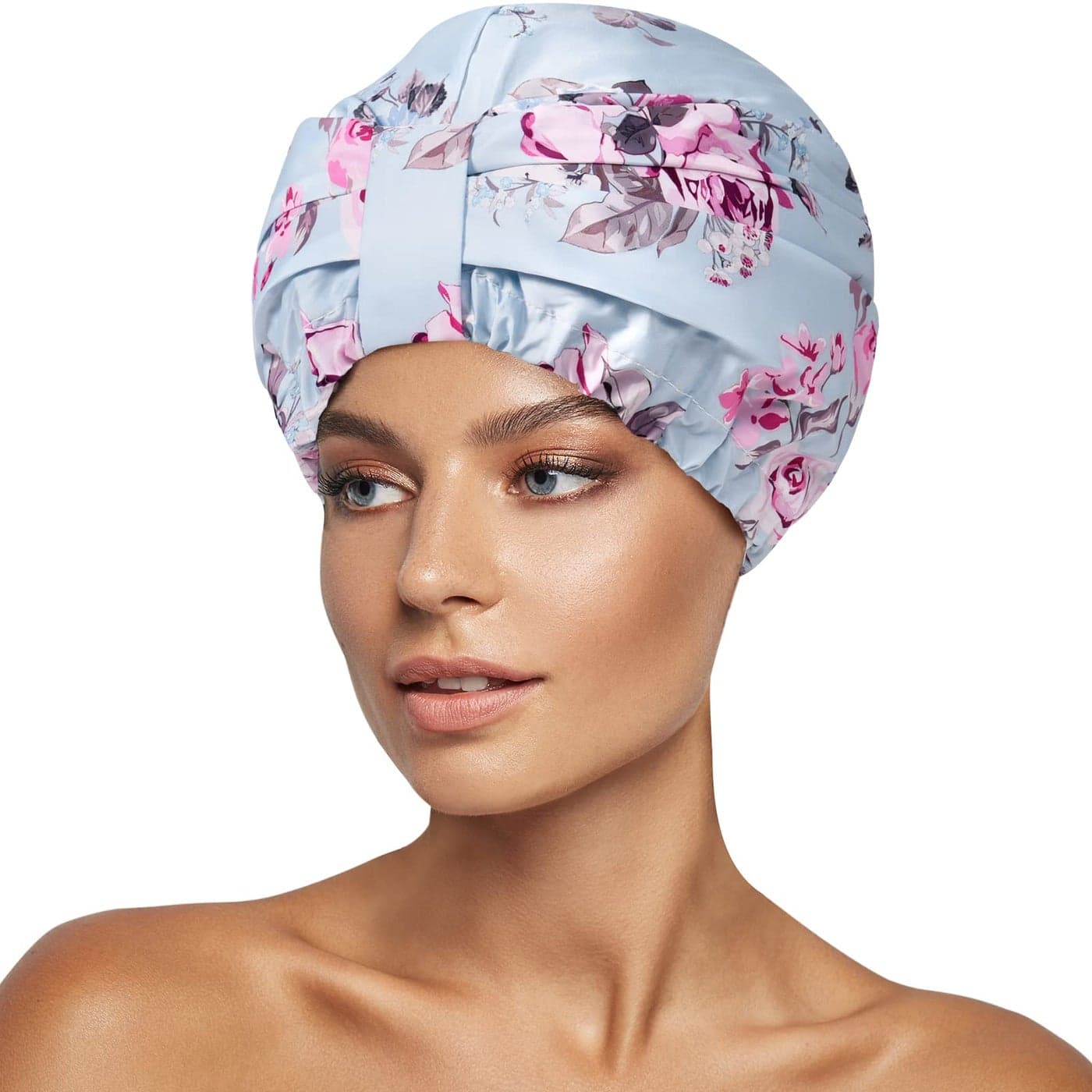 INNELO Luxury Shower Cap for Women Reusable Waterproof Double Layered Shower Hair Cap with Adjustable Elastic Strap Large Satin Lined Shower Bath Cap for Long Curly Straight Hair BlueFlower
