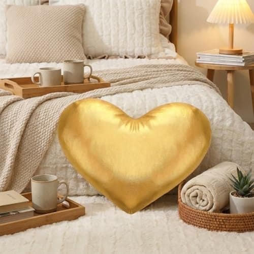 Yookeer Metallic Leather Heart Shaped Pillow 14 x 12 Inch Decorative Leather Throw Pillows Solid Soft Shiny Cushion for Women Girls Wedding Anniversary Bed Couch Decor(Gold)