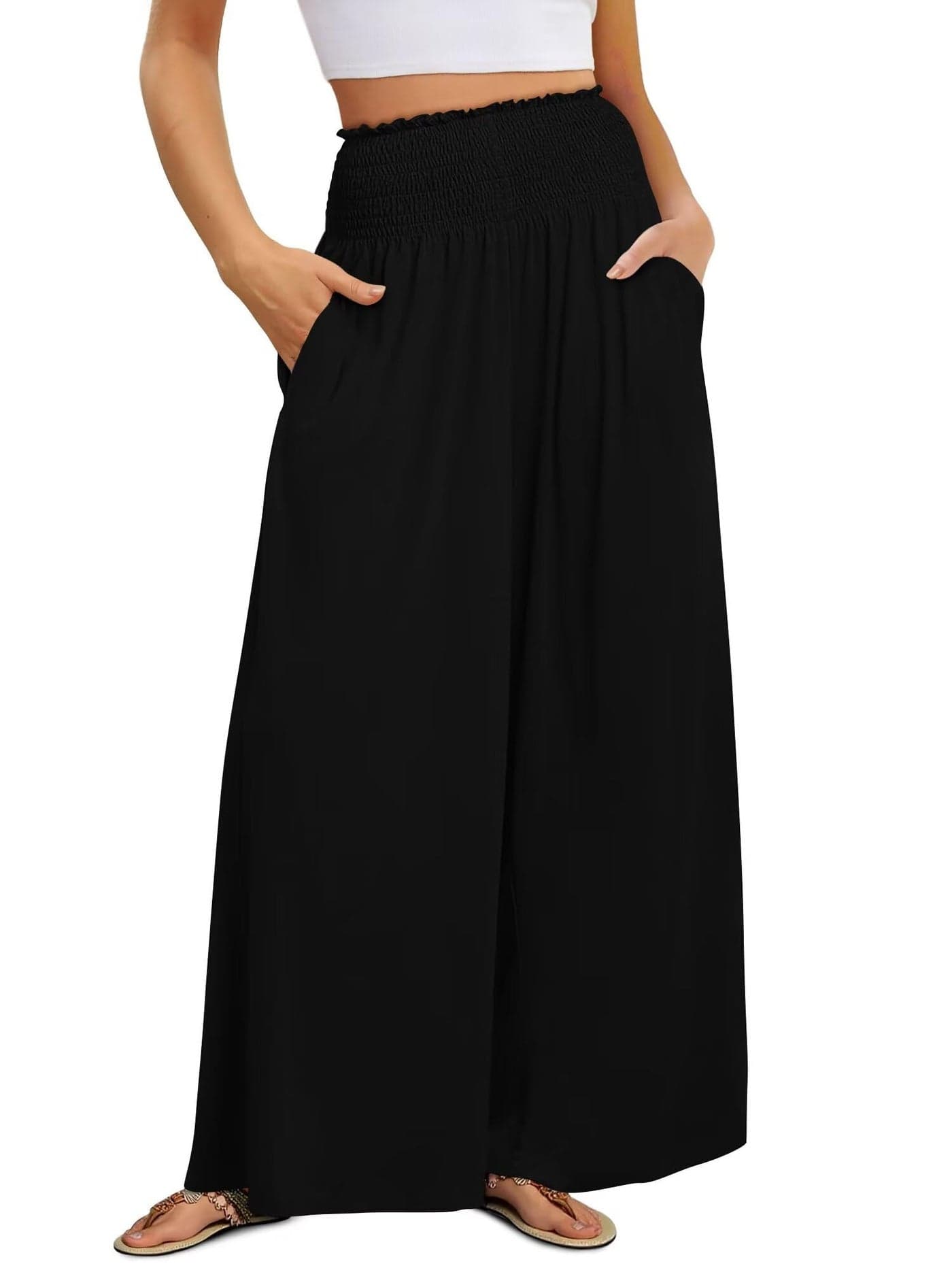 KISSMODA Women Palazzo Pants Summer Boho Bagyy Wide Leg High Smocked Waist Casual Loose Lounge Pant with Pocket Black L