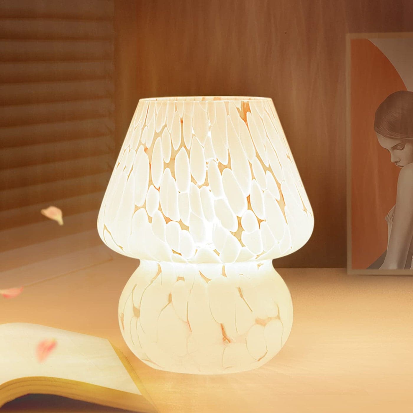 ONEWISH Mushroom Lamp Small Bedside Table LampNightstand Nightlight Dimmable Stepless Translucent Glass White Desk Lamp for Bedroom Dorm Living Kitchen Murano Style Aesthetic Cute Home Decor