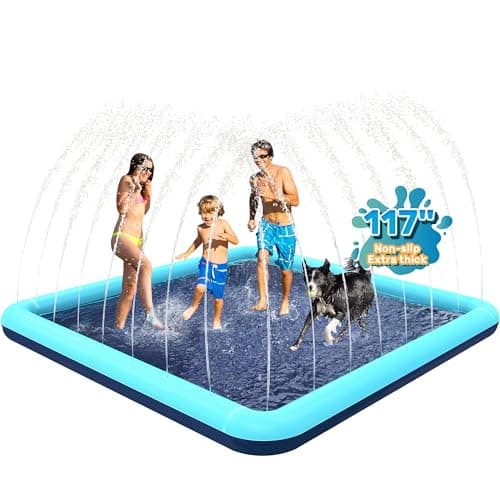 Bilibara 117'' Splash Pad for Dogs, Non-Slip Sprinkler for Kids, Square Splash Pad for Kids Ages 4-8, Splash Pads for Toddlers 1-3, Dog Sprinkler Shallow Pool, Outdoor Water Toys for Backyard, Teal