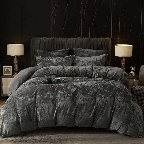 PHF Truly Velvet Duvet Cover Set Queen Size 3pcs Ultra Soft Breathable Comforter Cover Set Luxury Cozy Flannel Duvet Cover with Pillow Shams Bedding Collection 90 x 90 Dark Grey