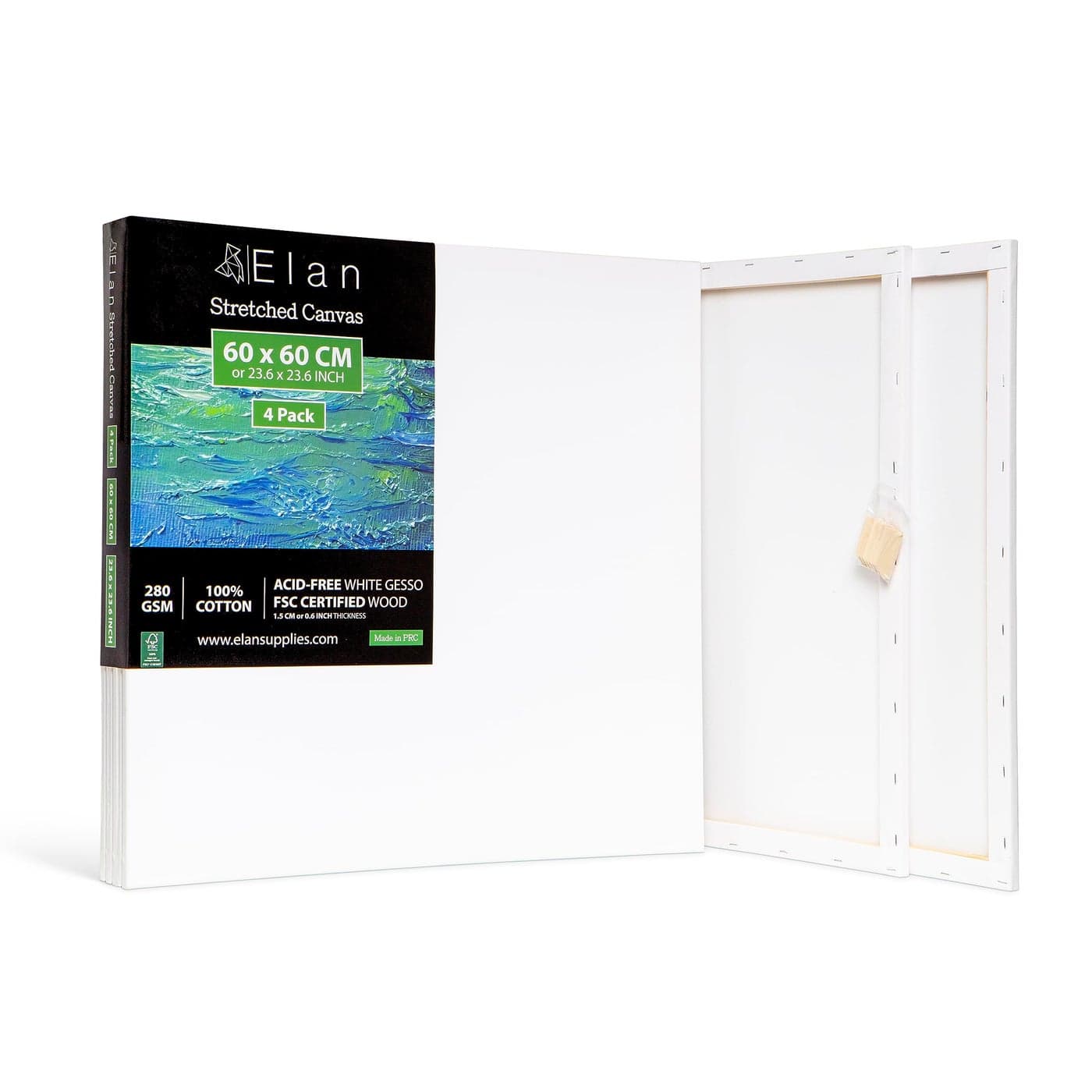 Elan Stretched Canvases 60x60 CM 4Pack Large Canvas for Painting 280 GSM Triple Primed Large Stretched Canvas for Painting 60x60 CM