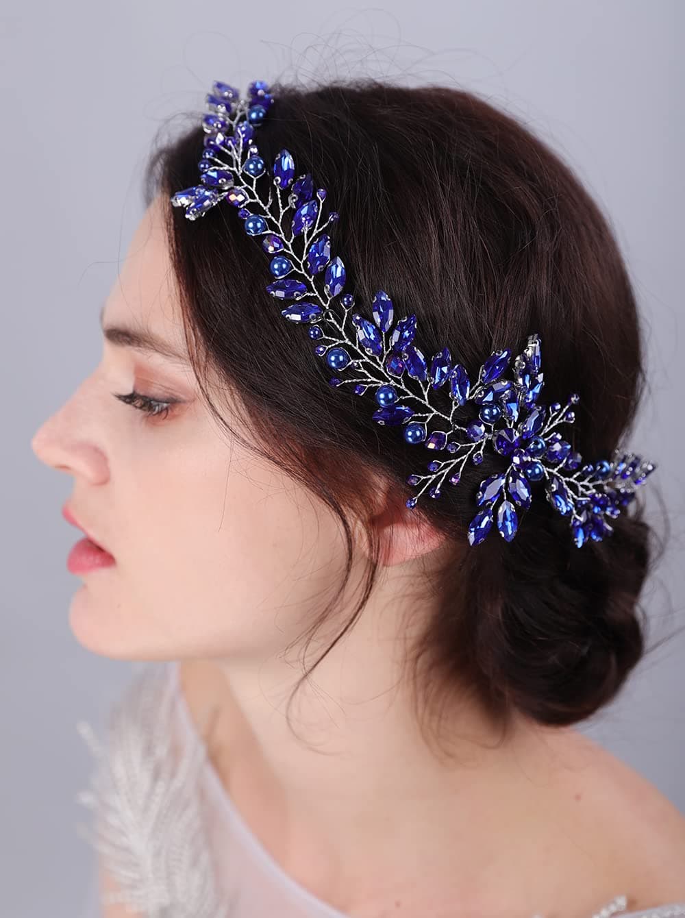 JWICOS Crystal Wedding Headband for Brides Pearl Wedding Hair Accessories Bridal Hair Piece Hair Vine for Women and Girls Blue