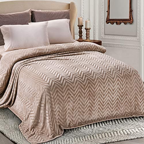 Whale Flotilla Flannel Fleece Twin Size Bed Blanket, Lightweight Breathable Soft Bedspread Plush Fluffy Coverlet Chevron Design Decorative Blanket for All Season, 60x80 Inch, Champagne