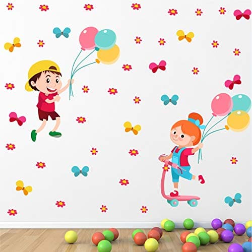 StickMe 'Kids - Playing - Balloon - Flower - Butterfly - Baby - Learning Education Nursery Pre School Kinder Garden Wall Sticker' -SM718 (Multi Colour, Vinyl - 110cm X 100 cm)