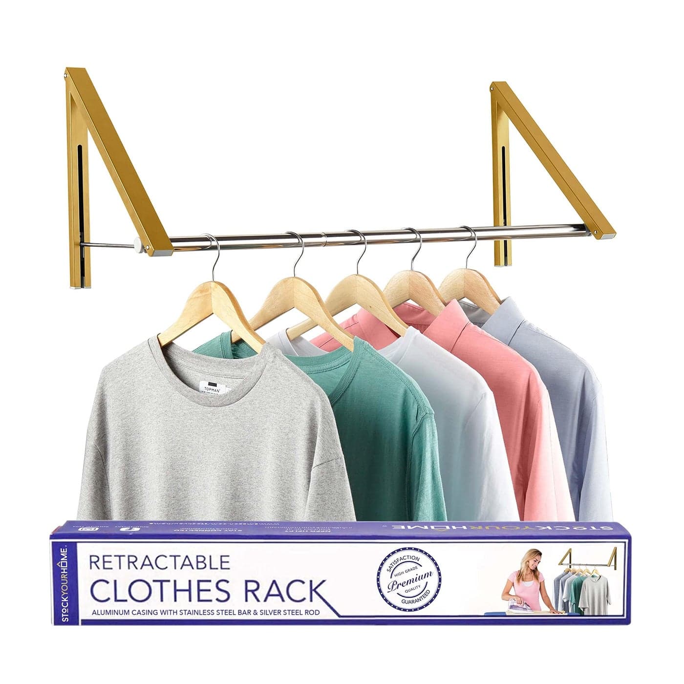 Double Foldable Clothing Rack w Extension Rod WallMounted Retractable Clothes Hanger for Laundry Dryer Room Hanging Drying Rod Small Collapsible Folding Garment Racks Dorm Accessories Gold