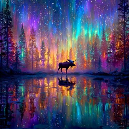 SHICERNHJ Sky Aurora Diamond Art Kits for Adults Beginner5D Full Drill Diamond Dots for Deer Under AuroraDIY Round Diamond Painting Kits Gem Art for Crafts Adult Home Decor 14 X 14 Inch