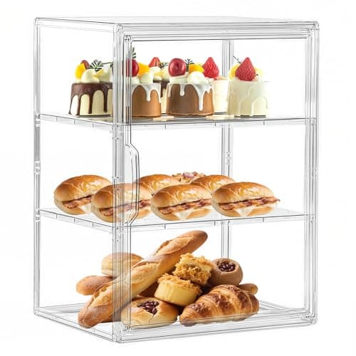 Attelite Pastry Display Case Large Bread Box for Kitchen Countertop 3 Layers Adjustable Clear Bread Storage with Magnetic Door Bread Container for Bread Bagel Donut