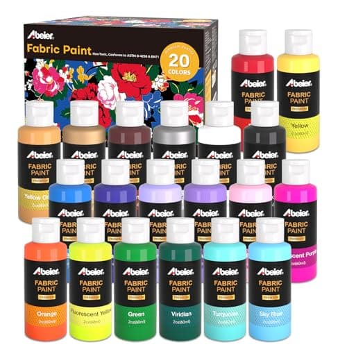 ABEIER Permanent Fabric Paint, 20 Colors x 2 oz(60ml) Soft Fabric Paint, Non-Toxic Textile Paint for Clothes, Shoes, Jeans, Bags, Pillowcase, DIY Projects
