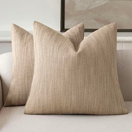 Foindtower Set of 2 Decorative Textured Burlap Linen Throw Pillow Covers Farmhouse Boho Cushion Cover Solid Accent Pillowcase for Couch Sofa Bed Living Room Home Decor,18×18 Inch,Camel
