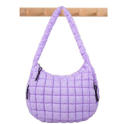 Quilted Puffer Tote Bag Large Crossbody Shoulder Bag with Zipper, Nylon Bubble Hobo Bags Travel Top Handle Handbag for Women, Oversized Padding Quilted Bag Soft Large Carryall Bag (Purple)