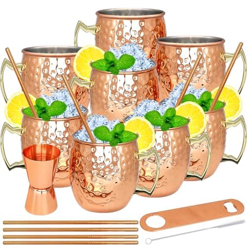 Moscow Mule Copper Mugs- Set of 8 Copper Plated Stainless Steel Mug 18oz, for Chilled Drinks (8 pcs)
