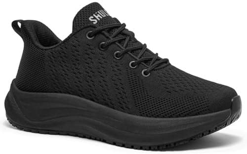 Womens Non Slip Work Shoes Slip Resistant Nurse Sneakers with Arch Fit Support Comfortable Mesh Walking Shoes for Food Service Chef Kitchen Restaurant Black 75