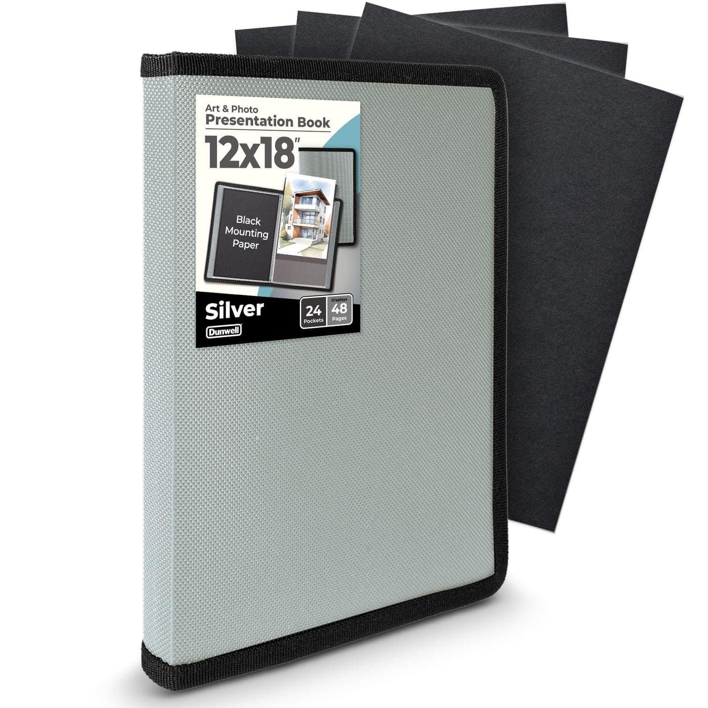 Dunwell 12x18 Art Portfolio Binder with Mounting Paper Silver Large Portfolio Folder for Artwork Storage 24 Clear Sleeves Display 48 Pages AcidFree Poly 12 x 18 Presentation Book