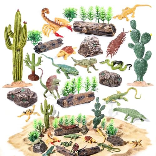 kukifun 32Pcs Desert Reptiles Animals Figures Toys School Projects Diorama Kit Lizard Snake Cactus Plants Rock Playset for Kids Toddlers Cake Toppers Birthday Party Favor Decorations