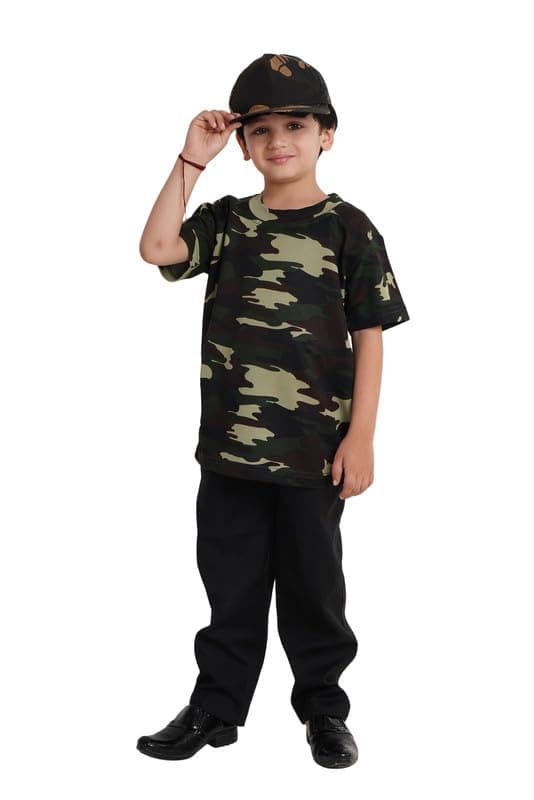 Kaku Fancy Dresses Polyester Indian Military T-Shirt & Cap For Kids, Army Costume/Our Helper/National Hero Costume For 3-4 Years (Only T-Shirt & Cap)