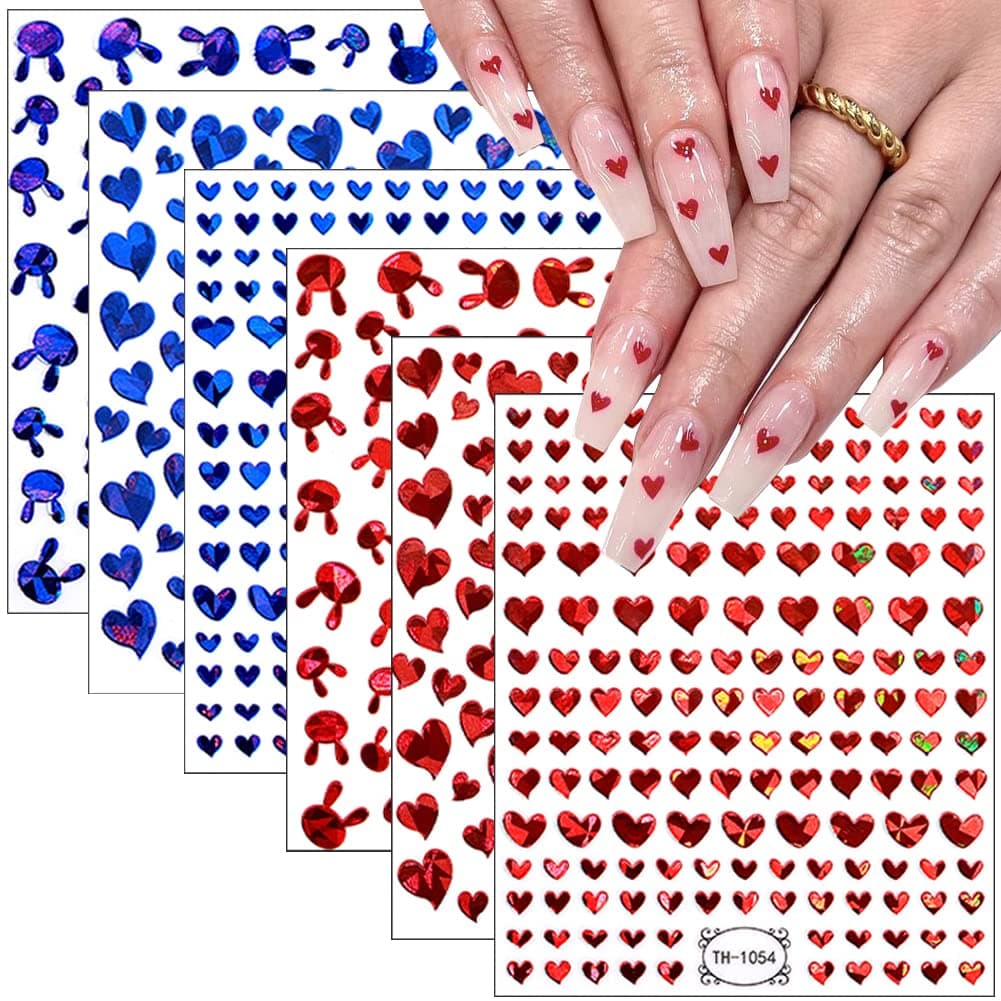 6 Sheets Heart Nail Art Stickers Valentines Day Nail Decals 3D SelfAdhesive Nail Art Supplies Blue Red Love Heart Rabbit Nail Designs Sticker for Women Girls DIY Valentines Manicure Decorations