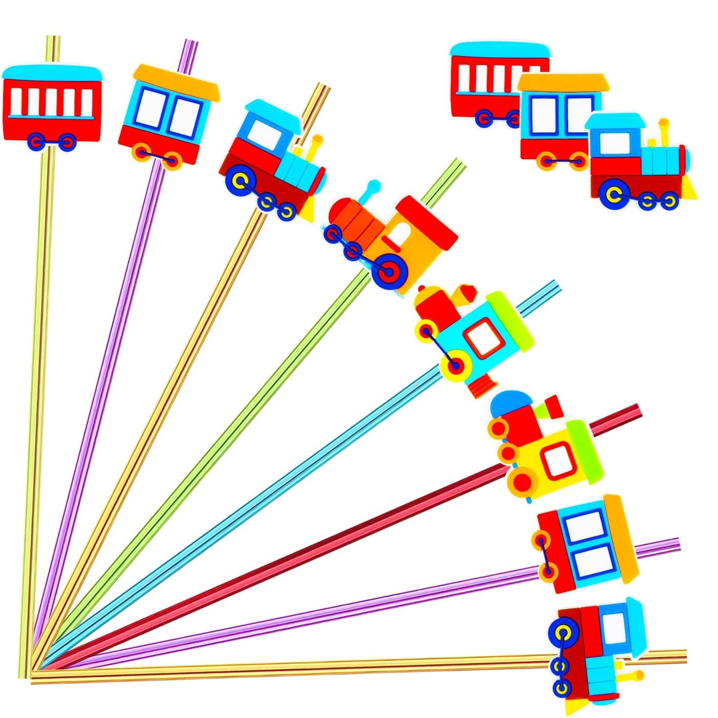 24 Pack Train Theme Reusable Plastic Straws 6 Colors Drink Cocktail Straws with Cartoon Decoration Kids Party Supplies Birthday Favors Includes 2 Cleaning Brushes