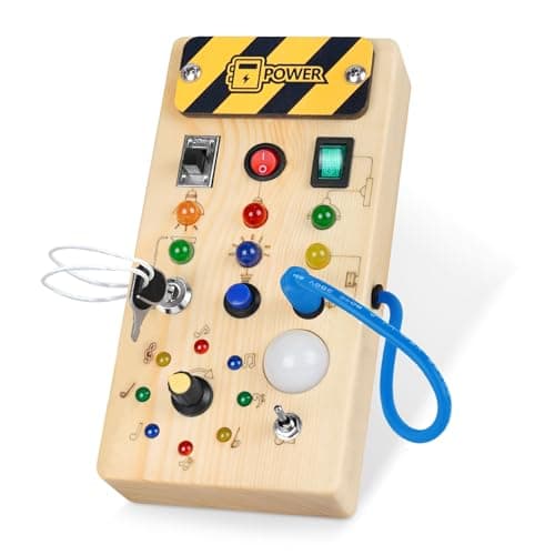 Hoarosall Montessori Wooden Busy Board with 8 LED Light switches Sensory Toys Light Switch Travel Toys for 1 Year Old Baby and Toddler