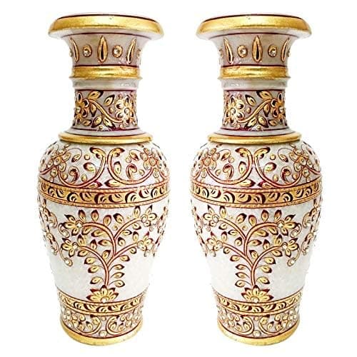 Handicraft Kingdom White Marble Flower Vase for Living Room with 1 Pair of Artificial Flower Round Shape Handmade Decorative Gold Embossed Pots for Home Decoration 23 X 85 X 85 Cm 9 Inch Pack of 2