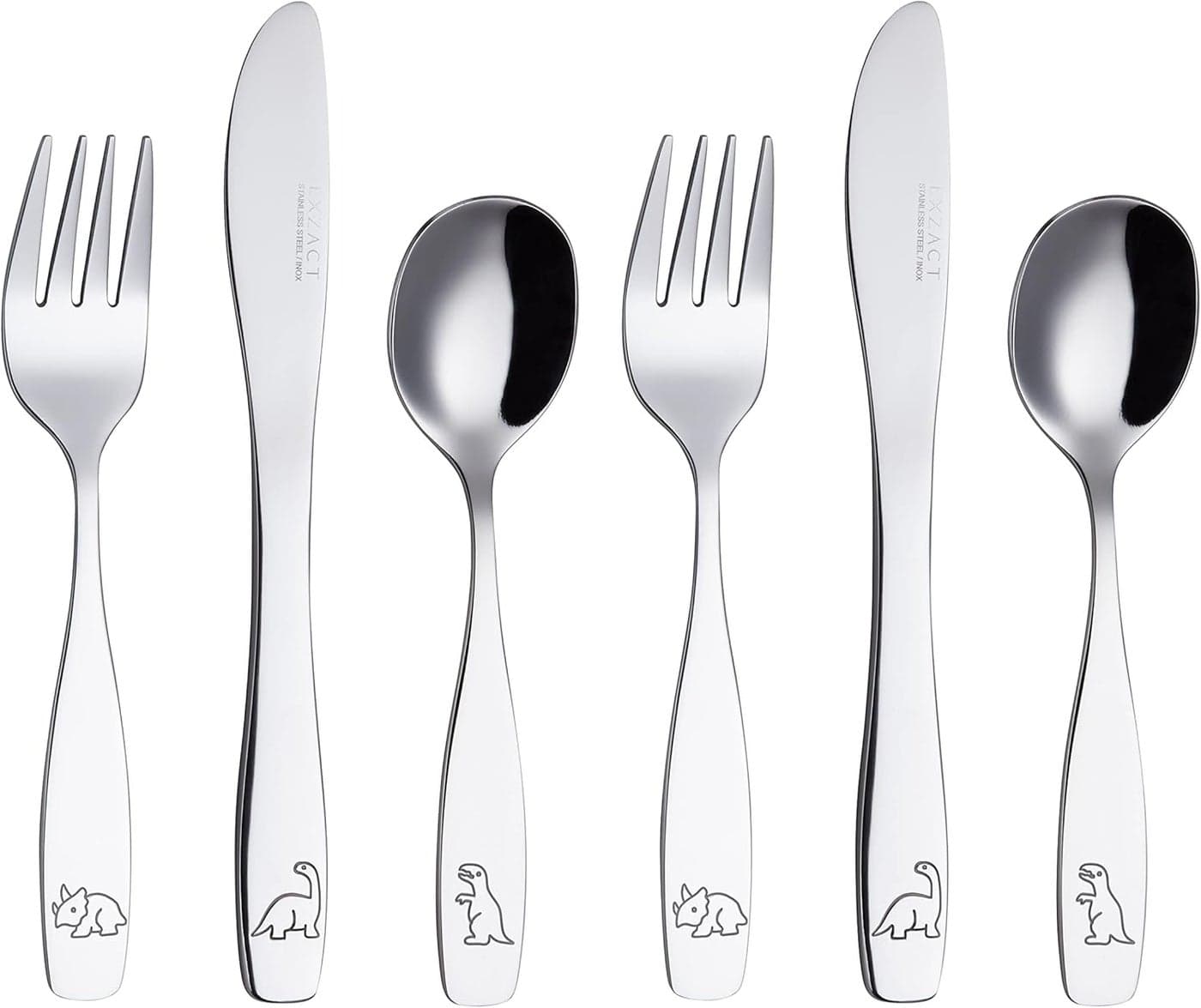 Exzact Kids Flatware 6 Pieces Stainless Steel Children Silverware 2 x Forks 2 x Knives 2 x SpoonsToddler Utensils Dishwasher Safe 24 Months Dinosaurs Engraved