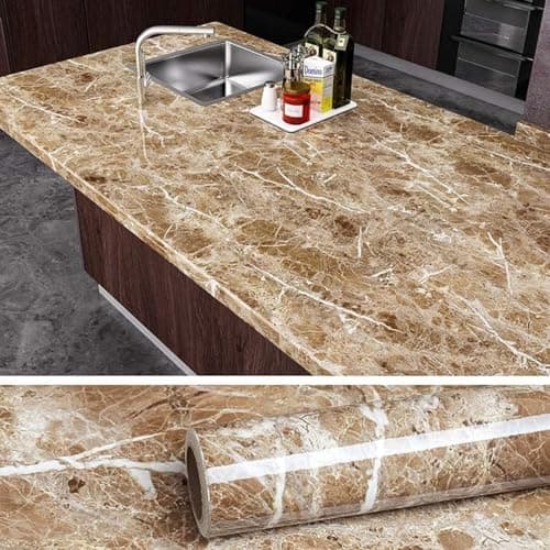Marble OilProof & Waterproof self-Adhesive Sheet Stickers Big Countertop Cabinet Furniture puja Room Kitchen,Home Sticker Wallpaper 60 x 200cm (Light Brown Wallpaper)