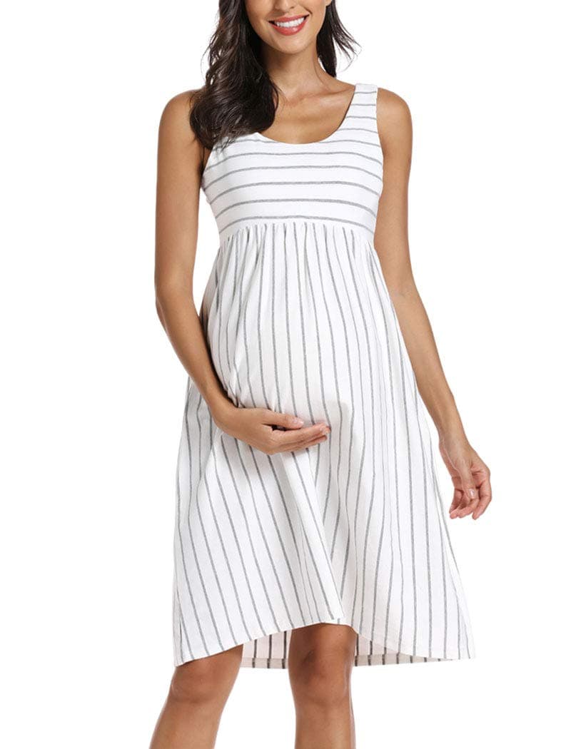 Ecavus Womens Maternity Tank Dress Stripe Color Block Sleeveless Knee Length for Baby Shower