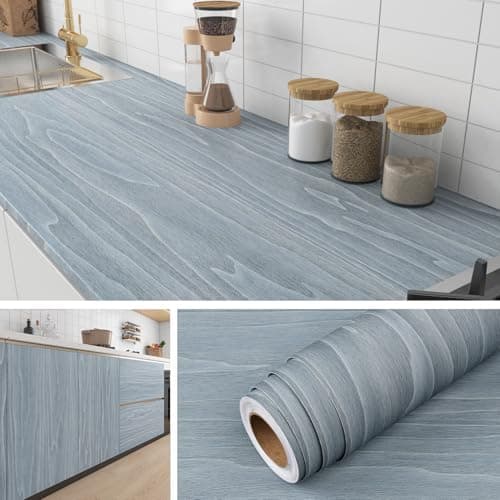 Livelynine 15.8x197 Light Blue Wood Contact Paper Peel and Stick Countertop Contact Paper Waterproof Wood Grain Vinyl Wrap for Cabinets Kitchen Counter Cover Desk Wallpaper Self Adhesive Drawer Liner