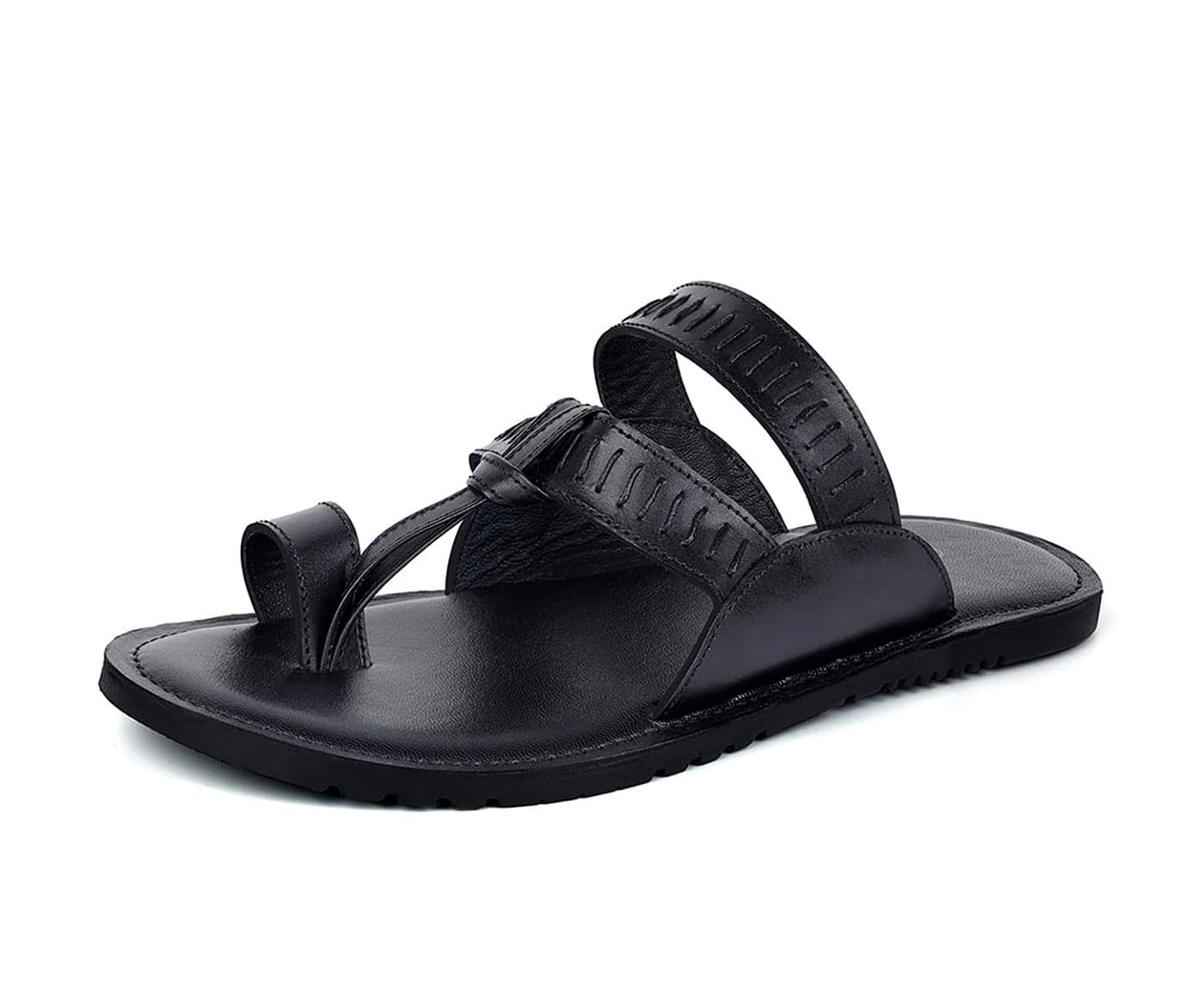 LOUIS STITCH Black Leather Kolhapuri Style Sandals | Lightweight Comfortable Cushion Casual Sandals Flip Flops | Men’s Casual Leather Slippers | LSOF-05-JB | UK-7