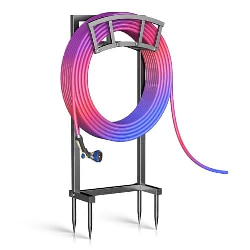 Garden Hose Holder Freestanding Outdoor Heavy Duty Water Hose Holder Reel with 4 Spikes Holds 150ft Water Pipe Detachable Metal Hose Storage Stand Hanger Rack for Outside Yard Lawn Farm Black