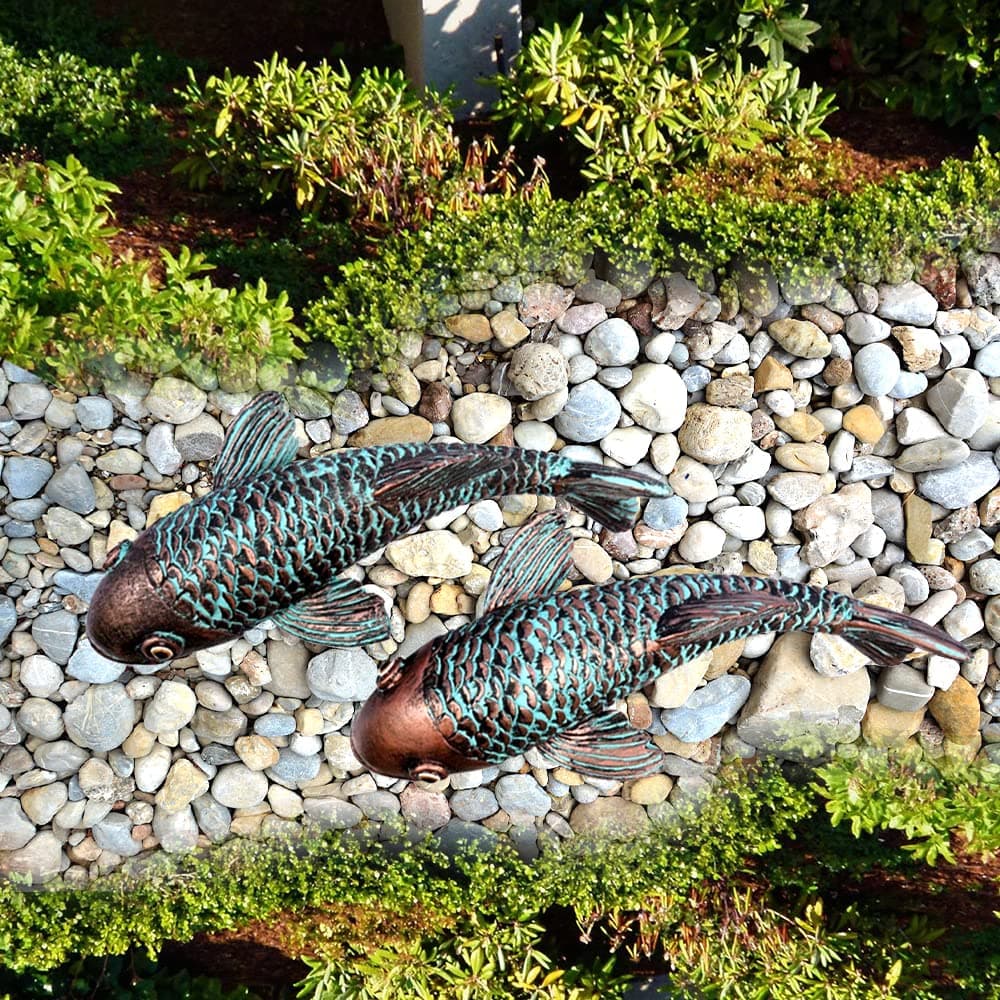Tooyuart Garden Sculptures StatuesKoi Fish DecorGarden Fish ArtSet of 2 Antique Koi Fish Yard Art Decor for OutdoorsPatioYardLawnPondHome Decoration Bronz
