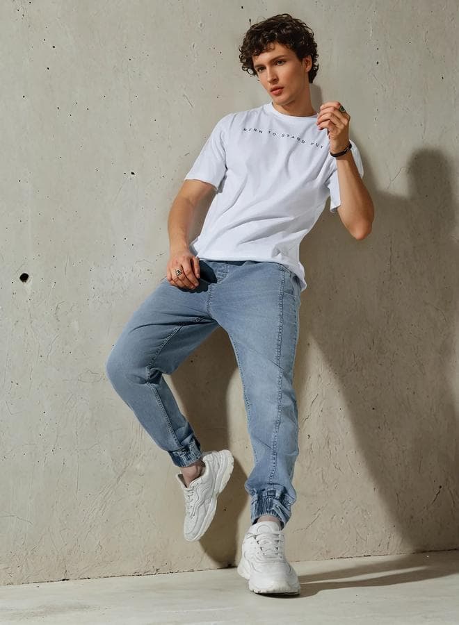 Men's Light Blue 100% Cotton Solid Pattern Full Length Jogger Jeans
