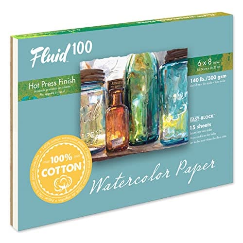 Fluid 100 Watercolor Paper Block, 6 x 8 inches, 15 Sheets, 140 lb (300 GSM) 100% Cotton Hot Press Pad for Artist Painting and Wet Media