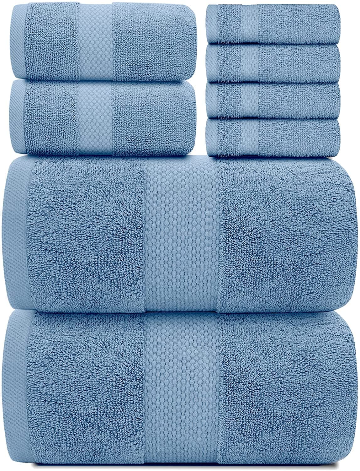 White Classic Luxury Bath Towel Set of 8 Pieces 100 Turkish Cotton Highly Absorbent Towels for Bathroom 2 Luxury Bath Towels 700GSM 2 Hand Towels 4 Washcloths Light Blue