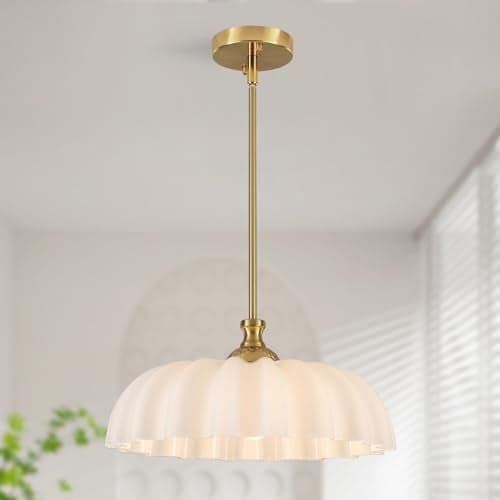 TMMAYSUN 15.7" Vintage Flower Gold Chandelier - Adjustable Height White Milk Glass Shades Pendant Light Fixture for Kitchen Island, Dining Room, Bedroom