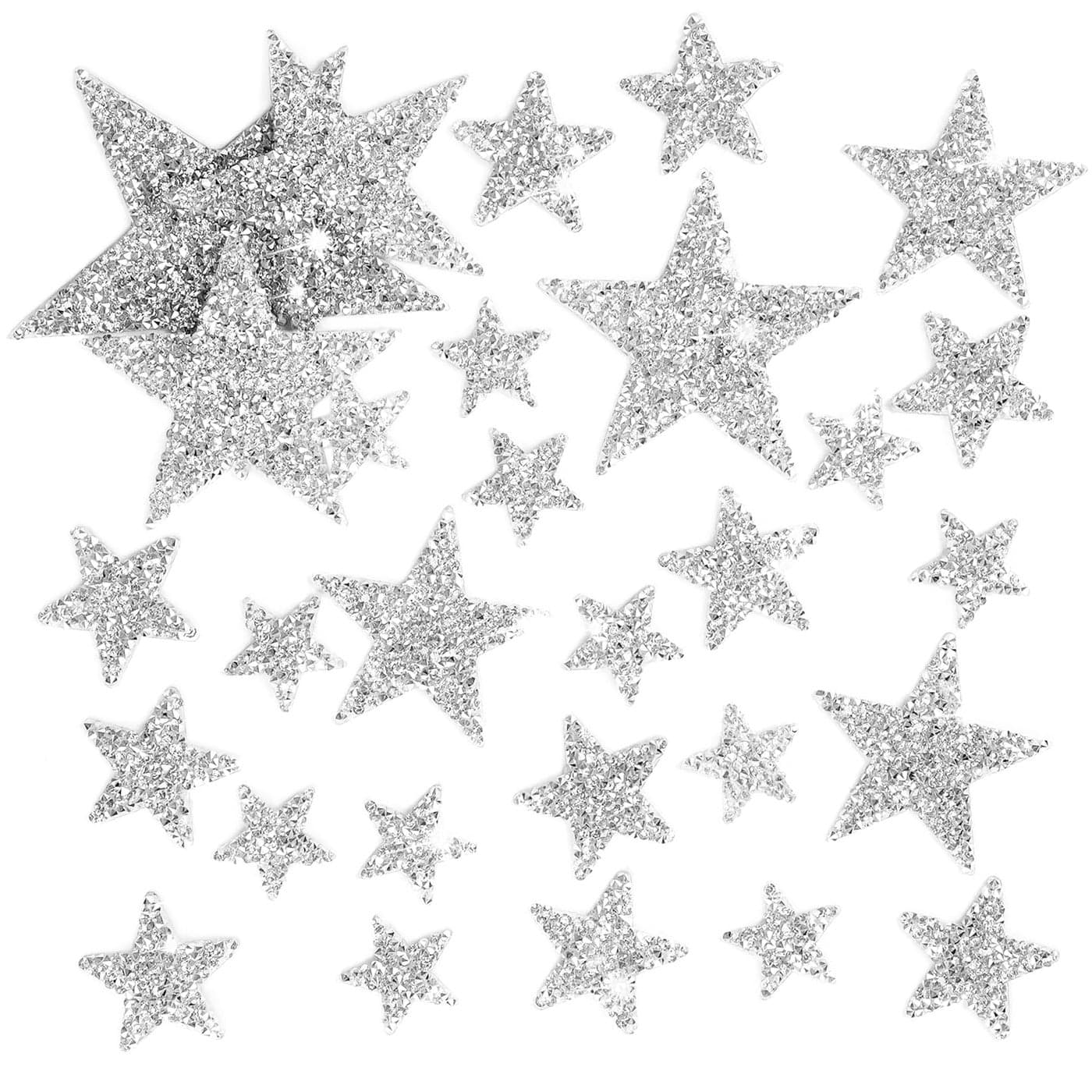 TORC 32Pcs Iron On Glitter Star Patches Silver Rhinestone No Sew Appliques for Hats Clothing DIY Crafts Girly Fashion Accessories for Jeans Shirts Jackets Bulk Iron On Patches Mixed Sizes
