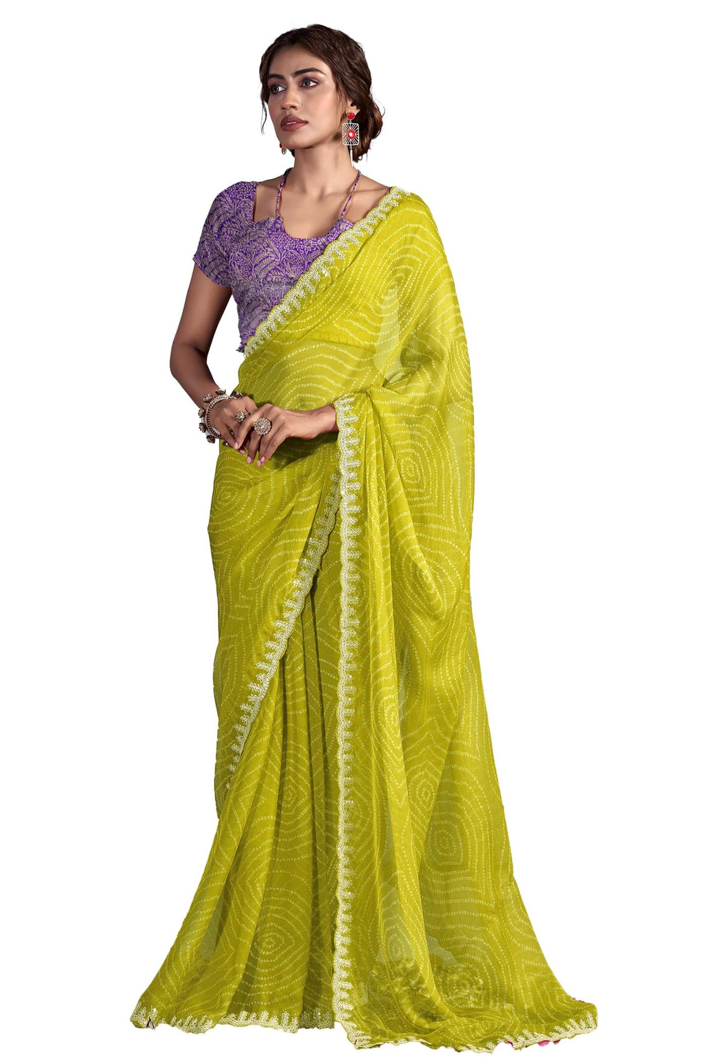 NK Textiles Women's Bandhani & Zig Zag Leheriya Print with Embroidery Work Border Chiffon Saree with Fancy Woven Blouse (18 DESIGN), Multicolour