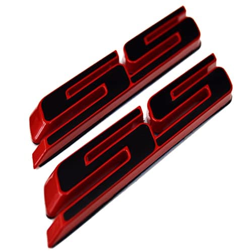Set of 2 Slant SS Grill Side Fender Trunk Emblem Badge Decal with Sticker for Chevrolet Chevy Camaro Impala Malibu Holden 2010 to 2025 red outlining Black