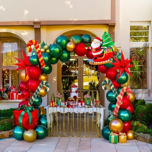 Christmas party Decorations with Emerald Green Red and Gold balloon arch Santa Candy Cane Star 4D Square gift ribbon foil balloons for Winter Christmas new years eve party Decorations