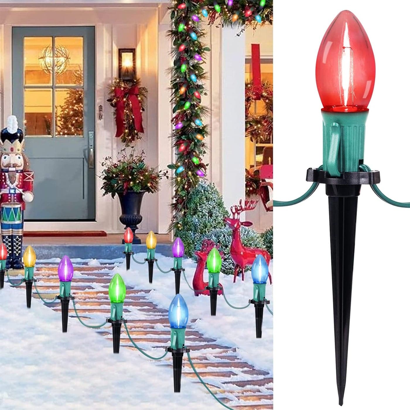 C9 Christmas Lights Outdoor 2 Packs Total 514 Ft Christmas Pathway Lights with 40 LED Bulbs and Stakes Connectable Outdoor Christmas Decorations Yard Walkway Sidewalk Holiday Multicolor