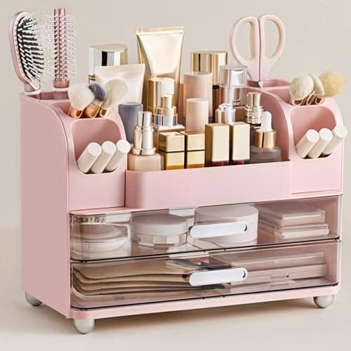 HBlife Makeup Organizer for Vanity with Brush Holder Large Bathroom Countertop Cosmetic Organizer Skin Care Storage Easy to Store Lipsticks Nail Polishes Perfumes Eyeshadow Palettes Pink