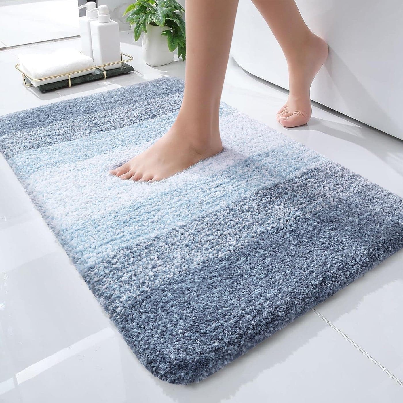 OLANLY Bathroom Rug Mat 24x16 Extra Soft and Absorbent Polyester Bath Rugs NonSlip Plush Shaggy Bath Carpet Machine Wash Dry Bath Mats for Bathroom Floor Tub and Shower Blue