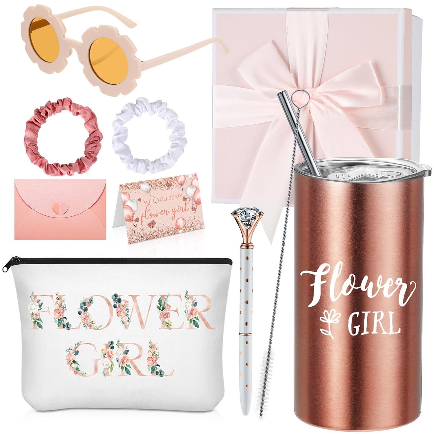 Sieral 9 Pcs Flower Girl Proposal Gifts Set Personalized Flower Girl Tumbler with Straw Bride Gift Box Canvas Bag Sunglasses Hair Ring Diamond Pen Envelope for WeddingPinkRetro