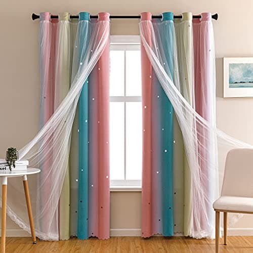 XiDi Dream Star Blackout Curtains for Kids Rooms Girl Princess Curtain for Daughter Bedroom Window Pink Blue W52 X L96